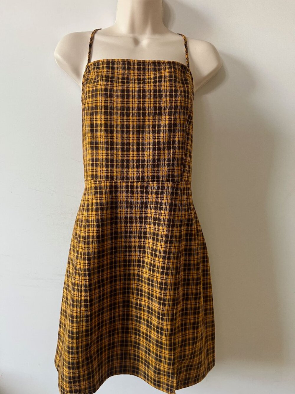 BP Nordstrom Yellow Plaid Pinafore Mini Dress Square Neck Grunge Large L